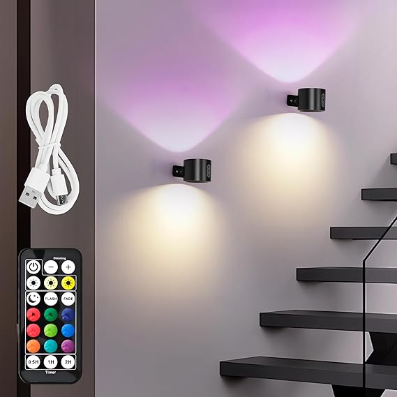 2 Pack Wireless LED Indoor Wall Light - Rechargeable RGB Black Battery Operated Wall Lamp with Remote Control or Touch Dimmable Timer for Bedroom/Bathroom/Kitchen