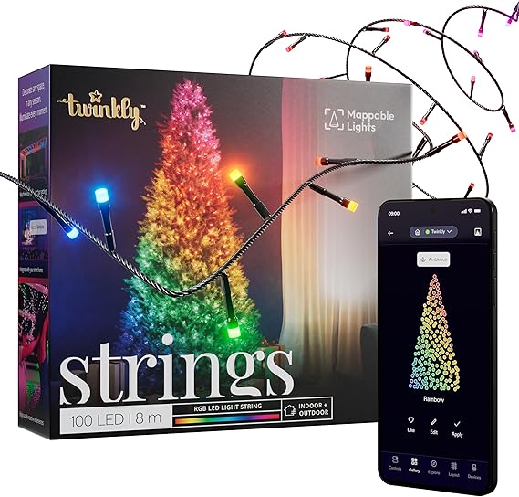 Twinkly Strings 100 LED RGB, Guirlande LED Intérieur et Extérieur, Lumières LED Smart Multicolores, Compatible avec HomeKit, Alexa et Google Home
